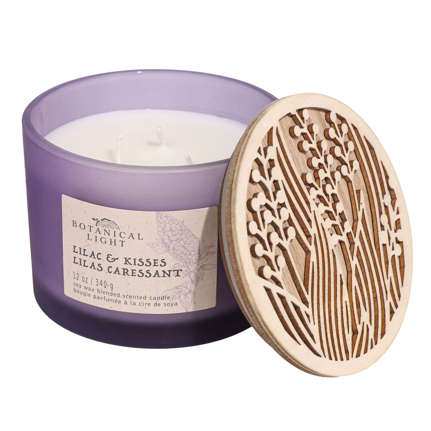 Botanical Light 12OZ Lilas et Kisses Cire de soja Mélange bougie parfumée, 3 mèche de coton · 12oz<br>· 340g<br>· 1 paquet