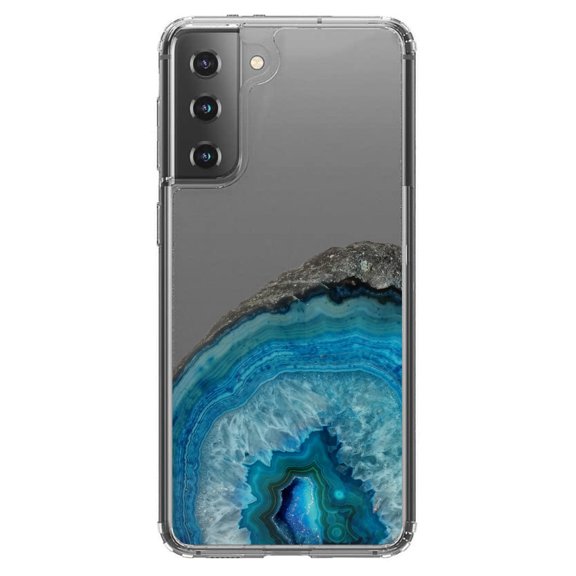 DistinctInk Clear Shockproof Hybrid Case for Galaxy S21 5G (6.2" Screen) - TPU Bumper Acrylic Back Tempered Glass Screen Protector - Blue Teal Geode Crystal
