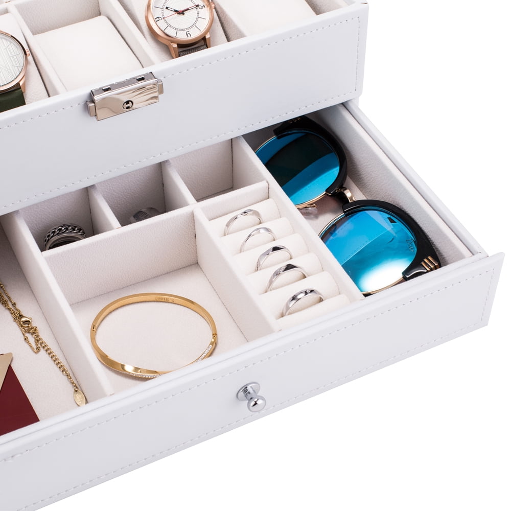 Kepooman 10 Slots Watch Box, Watch Dislpay Box Organizer, Pu Leather with Glass Top, White
