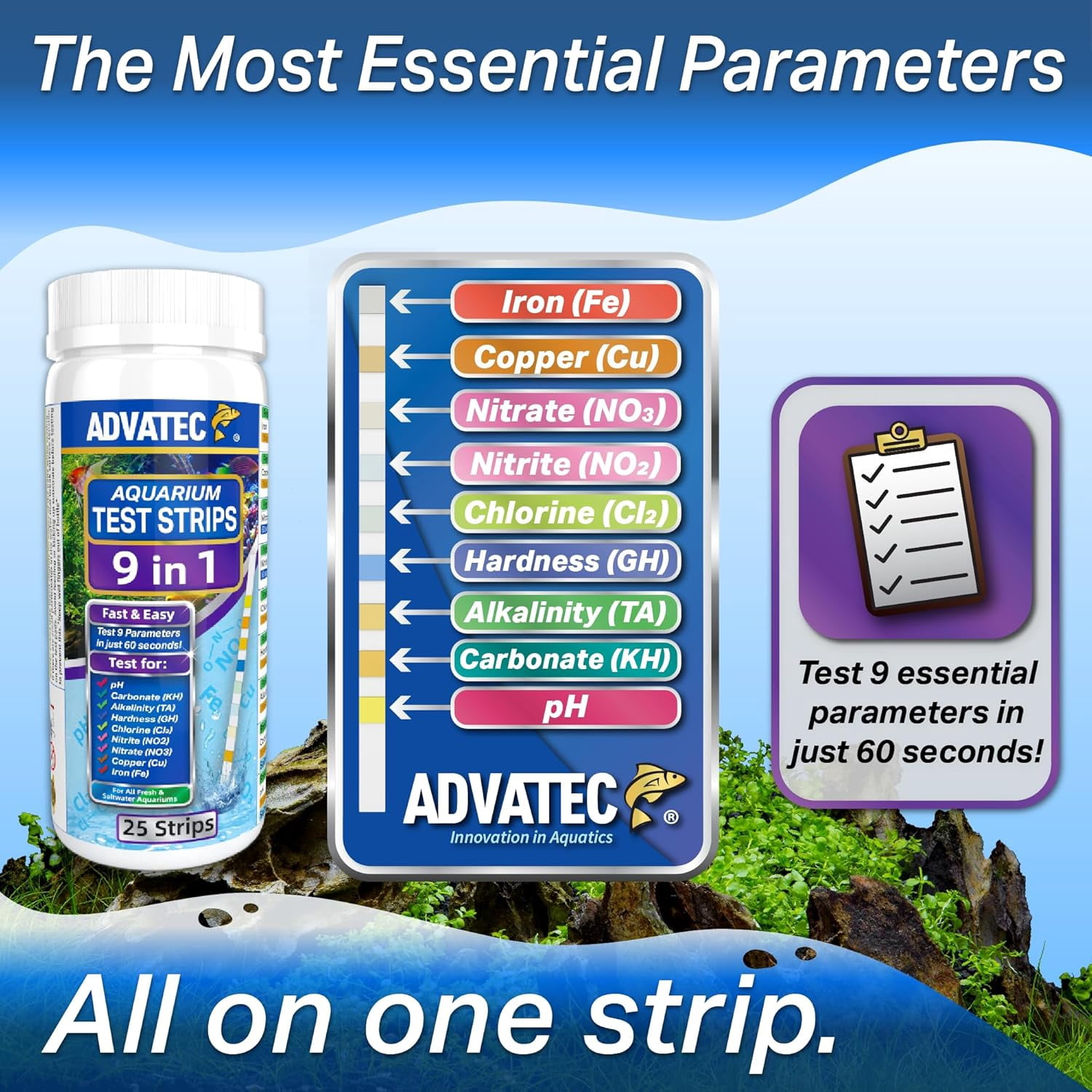 9 in 1 Aquarium Test Strips for Salt & Freshwater, Fish Tank Tester Kit for Iron, Copper, Carbonate, pH, Nitrate, Nitrite, Chlorine, Total Hardness & Alkalinity - 25 Count