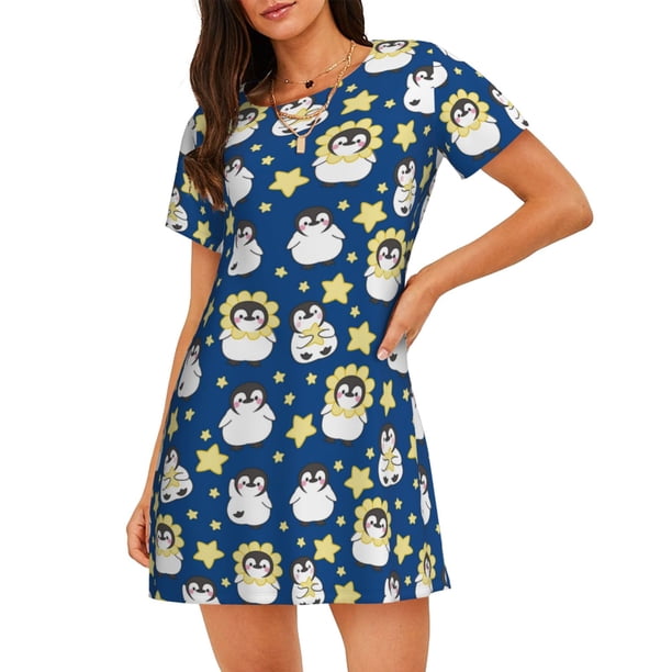 Fotbe Star Penguin Bata de Dormir para Mujer con Estampado, Camisón de Algodón de Manga Corta, Ropa de Dormir Casual