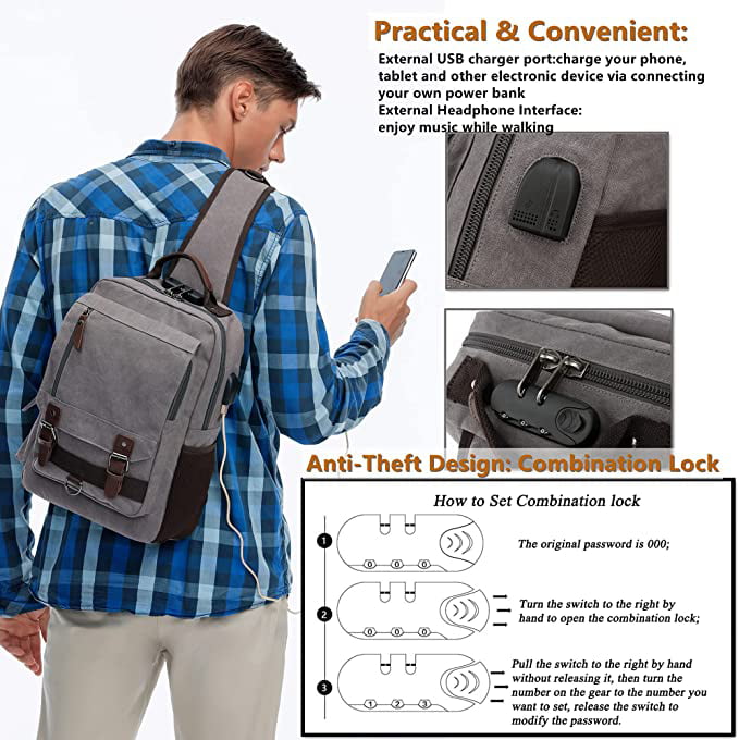 H HIKKER-LINK Mens Chest Sling Bag Anti-theft Crossbody Messenger Pack with USB 