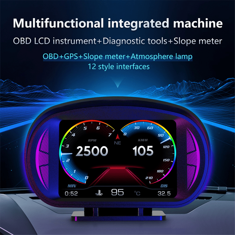 P2 Car HUD Head-Up Display OBD GPS Vehicle Speed and Gradient Meter Water  Temperature and Fuel Consumption
