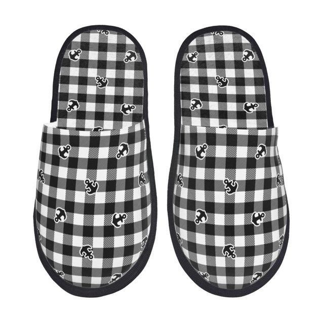 Balery Anchor Black Tartan Plaid Pantuflas de Casa de Felpa Silenciosas con Diseño Estampado, Zapatillas Cómodas Antideslizantes de Algodón para Interior-Medium