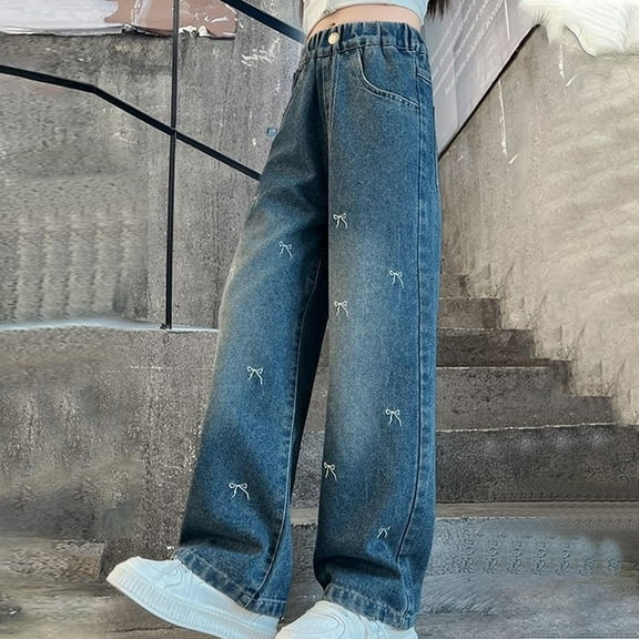 MKOSPLRT 5-13 Years Girl's Straight Leg Jeans High Waist Bow Print Jeans Baggy Wide Leg Denim Pants Retro Jeans with Pocket Kids Clothes