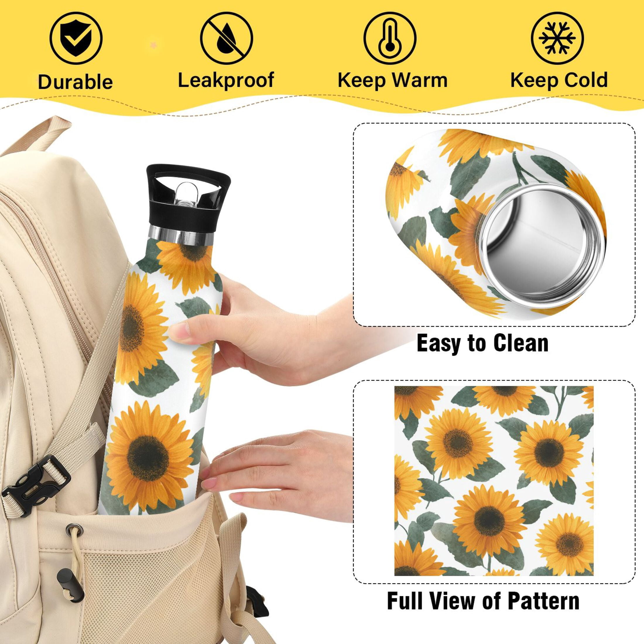 Kids Insulated Stainless Steel Sports Water Bottle 600ml (20oz) Orange Sunflowers