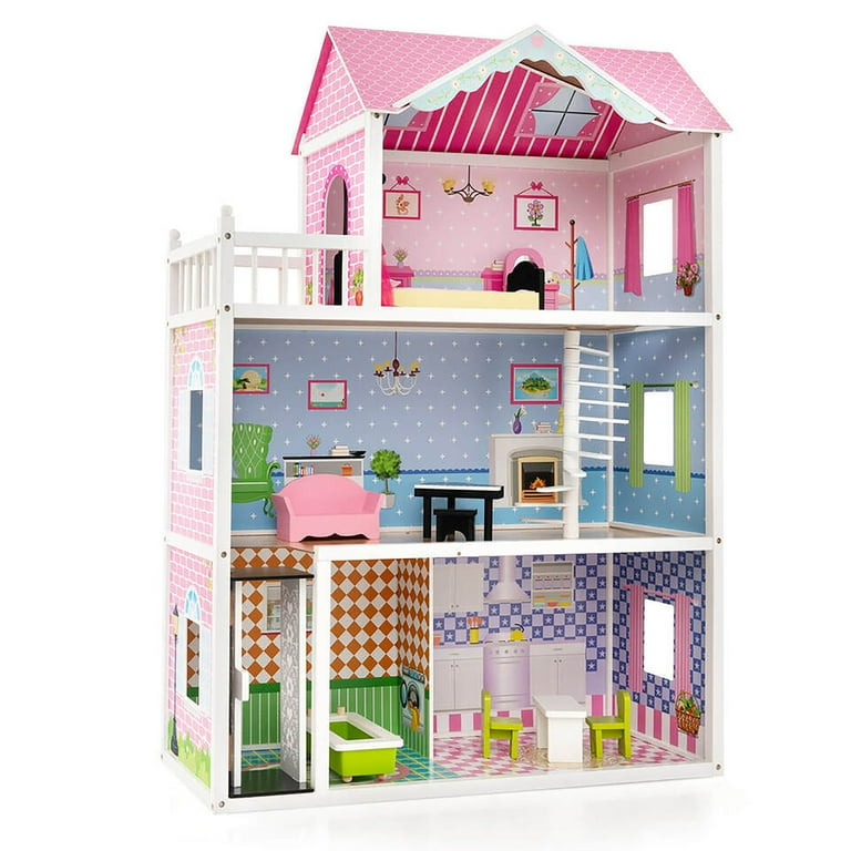 Gymax Kids Wooden Dollhouse with Working Elevator Rotatable Staircase Pink