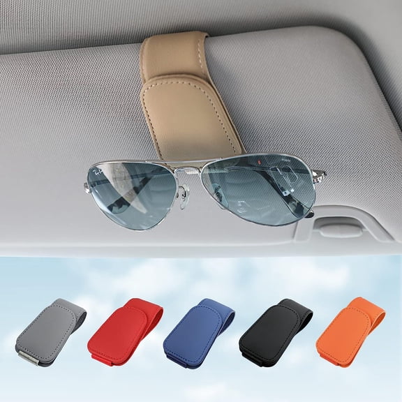 Sunglass Holder for Car Sun Visor, Magnetic Sunglasses Clip, Leather Glasses Eyeglass Holder and Ticket Card Clip, Auto Interior Accessories Universal for Car SUV Truck Pickup -Beige