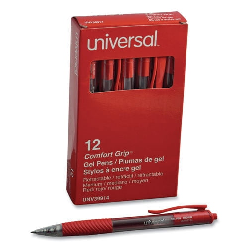 Universal UNV39914 Medium 0.7 mm, Retractable, Comfort Grip Gel Pen - Red Ink, Translucent Red Barrel (1-Dozen)