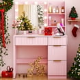 thumbnail image 4 of Zimtown Modern Makeup Vanity Desk with Mirror and Charging Station, Lighted Vanity Table with 4 Drawers & 3 Storage Shelves for Bedroom, Pink, 4 of 7