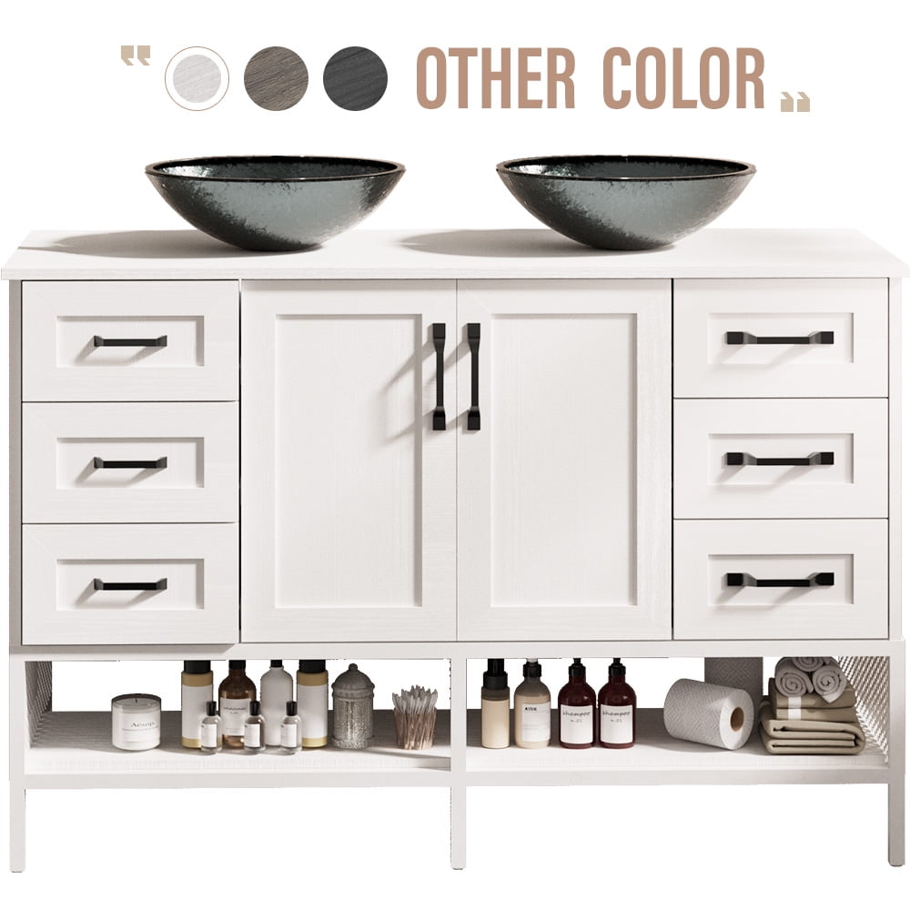 48" Double Sink Bathroom Vanity with Tempered Glass Countertop, Freestanding Cabinet with Open Shelves & 6 Drawers, White (Ship in 2 Boxes)