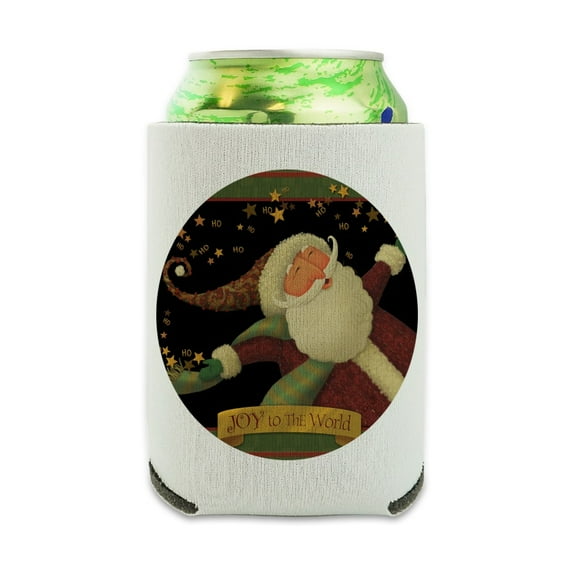 Christmas Holiday Santa Joy to the World Can Cooler - Drink Sleeve Hugger Collapsible Insulator - Beverage Insulated Holder