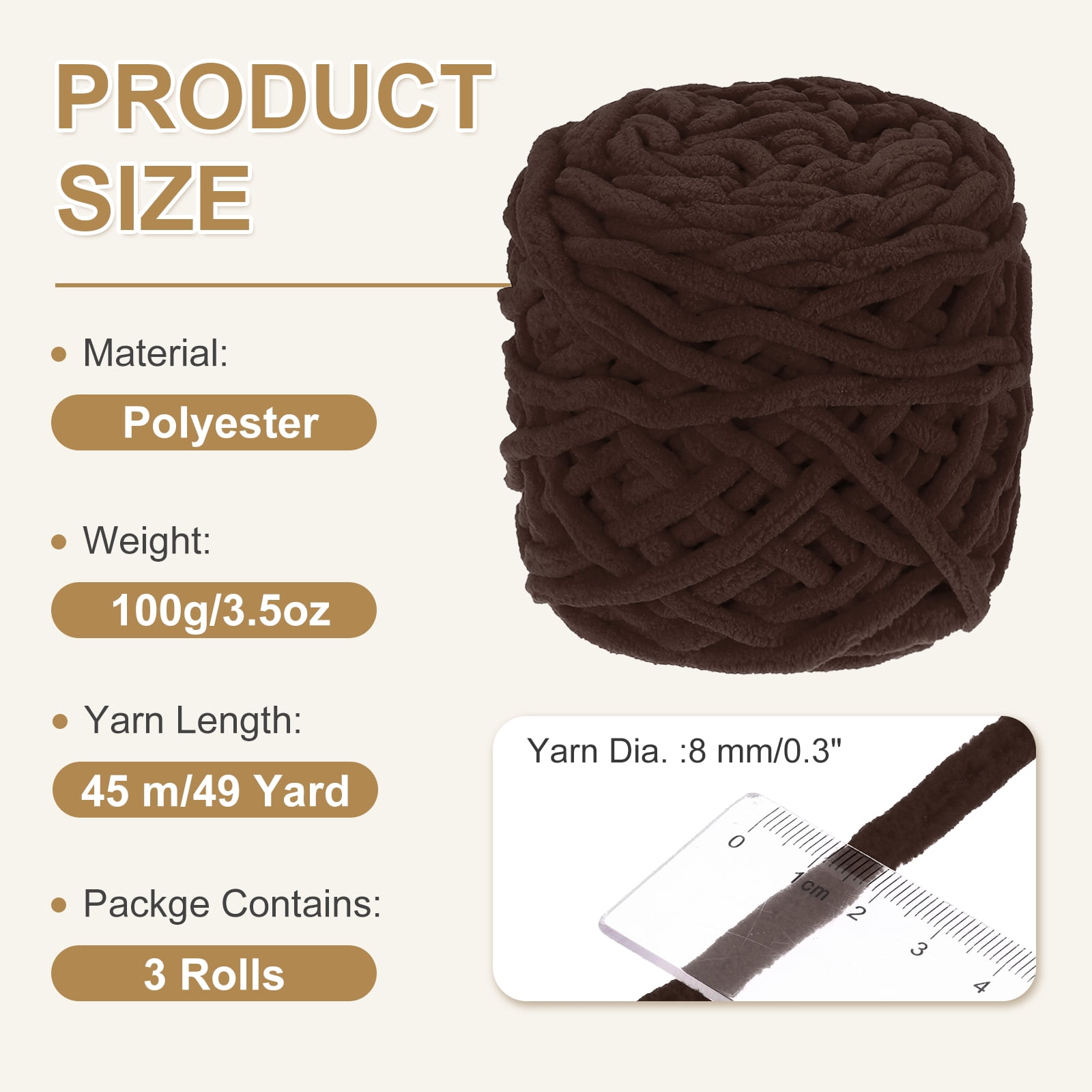 Uxcell 3 Pcs Blanket Yarn, 49 Yards Fluffy Velvet Plush Bulky Thick Chenille Chunky Yarn for Soft Velvet Blanket Shawl Scarf Crochet Hand Knitted Crafts, Brown