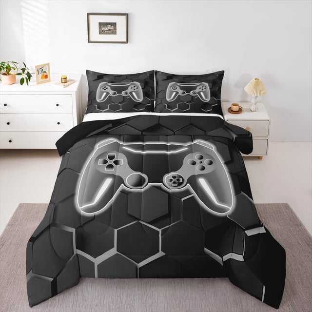 Manfei Boys Gaming Bedding Comforter Set, Video Game Controller Twin Comforter Sets, Black Gray Hexagon Bedding Set, Breathable Room Decor Reversible 2pcs