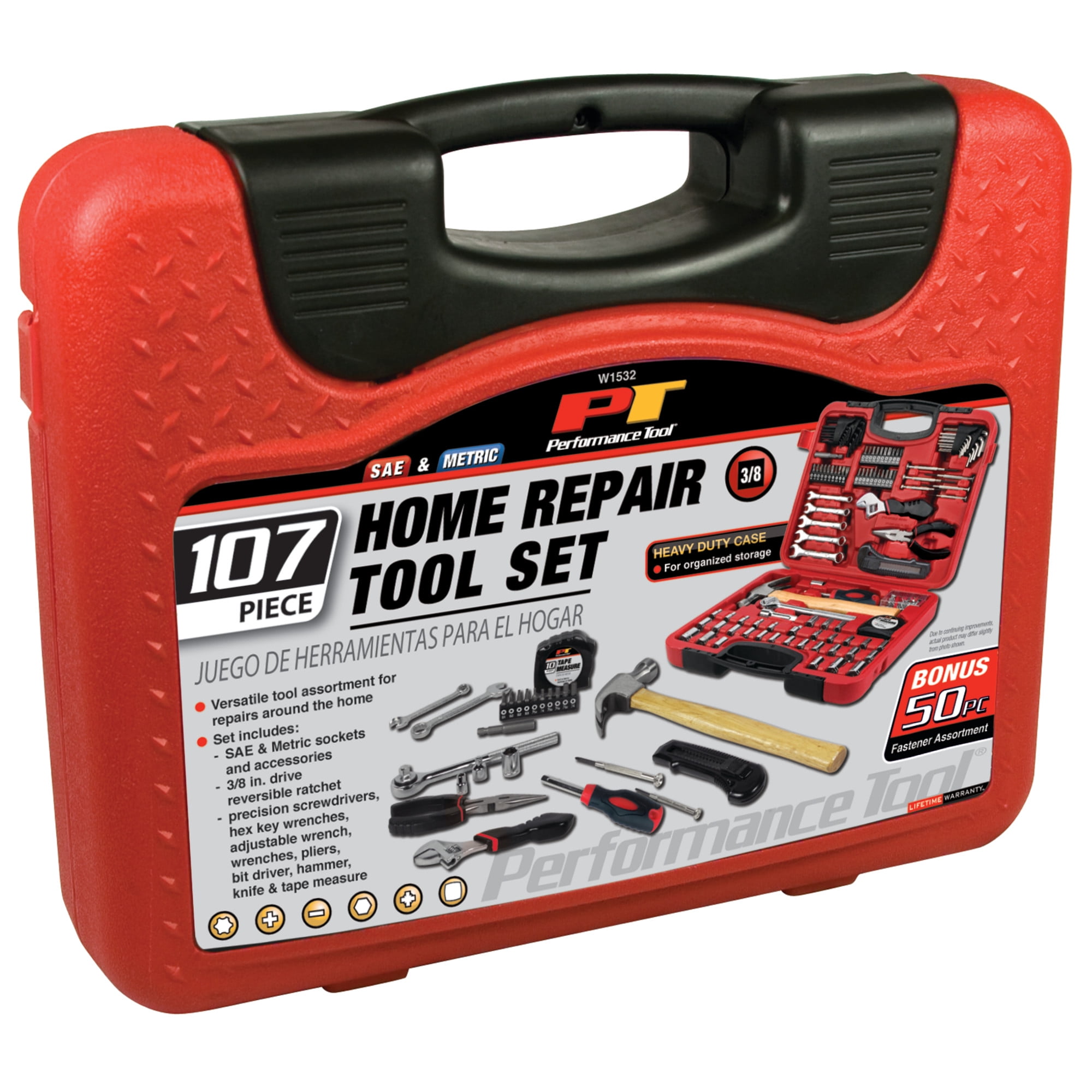 Performance Tool W1532 107pc Home & Auto Tool Set, Hand Tools - Tool Sets , Red