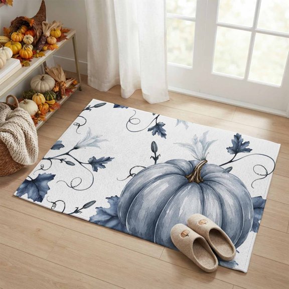 Rectangle Rug 2x3ft, Fall Blue Pumpkin Maple Leaf Soft Non-Slip Washable Felt Carpet Pad, Thanksgiving Farmhouse Plant Area Rugs for Living Room Bedroom Kids Room
