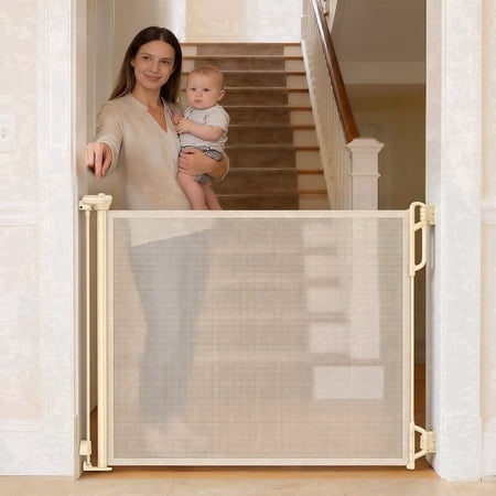 SPACEANY Retractable Baby Gate, Mesh Safety Gate for Doorways and Stairs, 45 inches Wide, Cream