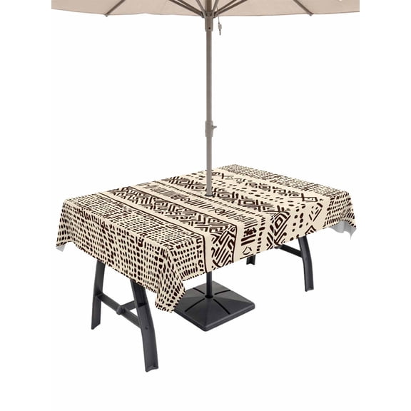 Outdoor Tablecloth with Umbrella Hole, Vintage Boho Spillproof Waterproof Outdoor Table Cover, Abstract Retro Geometric Striped Beige Patio Tablecloths for Party Picnic Camping, Rectangle 60"x102"