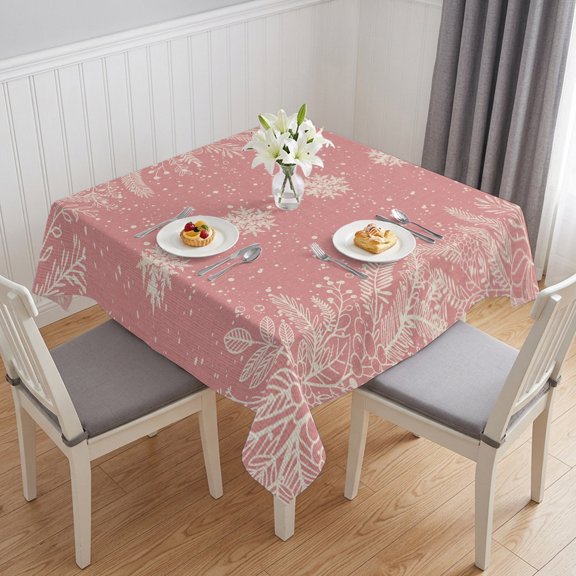 Christmas Snowflakes Table Cloth Waterproof Tablecloths, Winter Xmas Pine Leaf Pink Red Tablecloth Dining Table Cover for Kitchen Party Tabletop Outdoor, Square Tablecloth 60x60 Inch