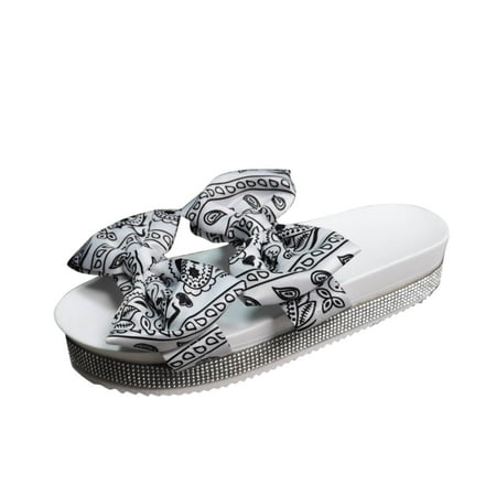

Follure Girl women s casual shoes Women s Fashion Rhinestone Platform Flip-Flop Printed Bow Sandals And Slippers White 39