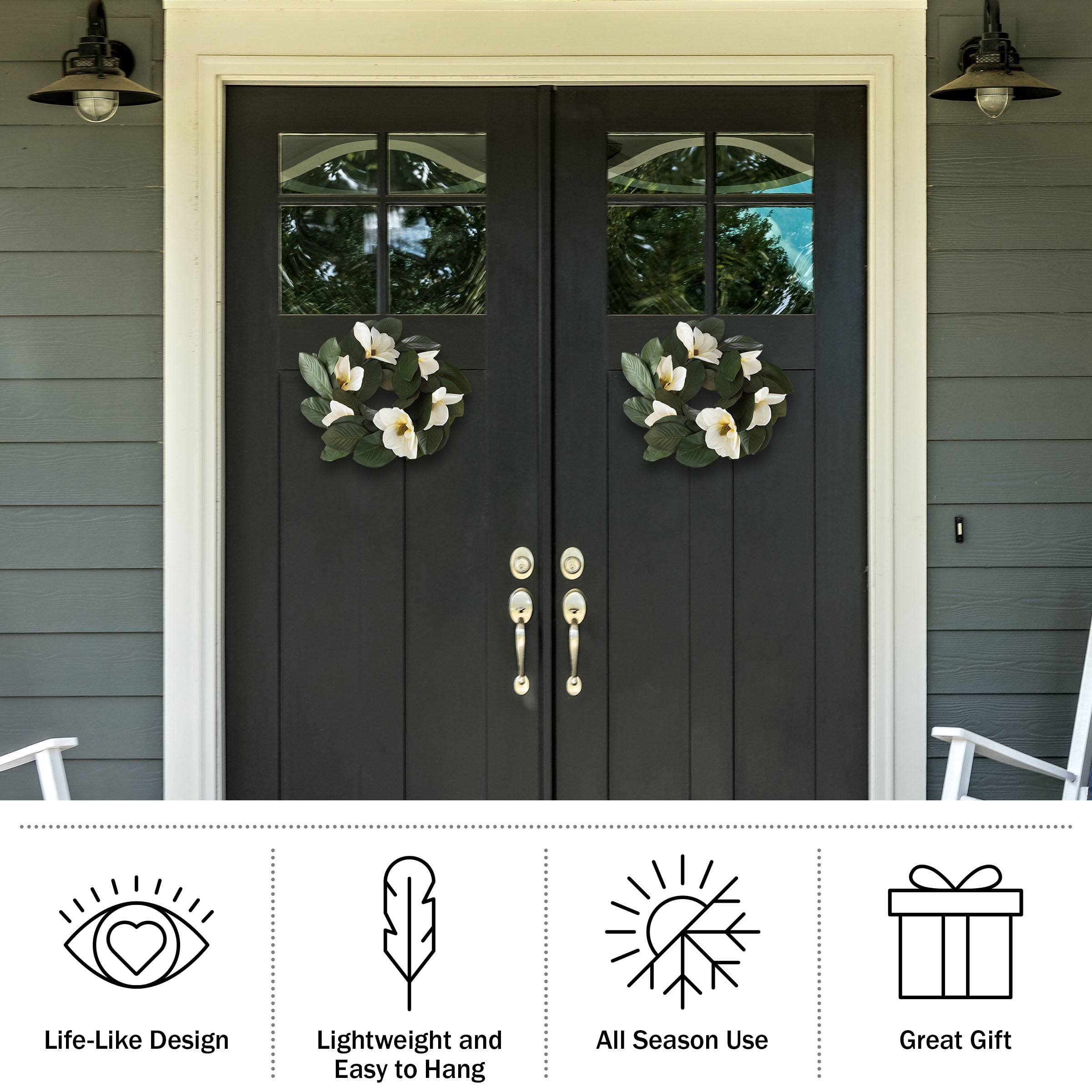 Pure Garden Set of Two 24-Inch Artificial Magnolia Wreaths for Home Decor