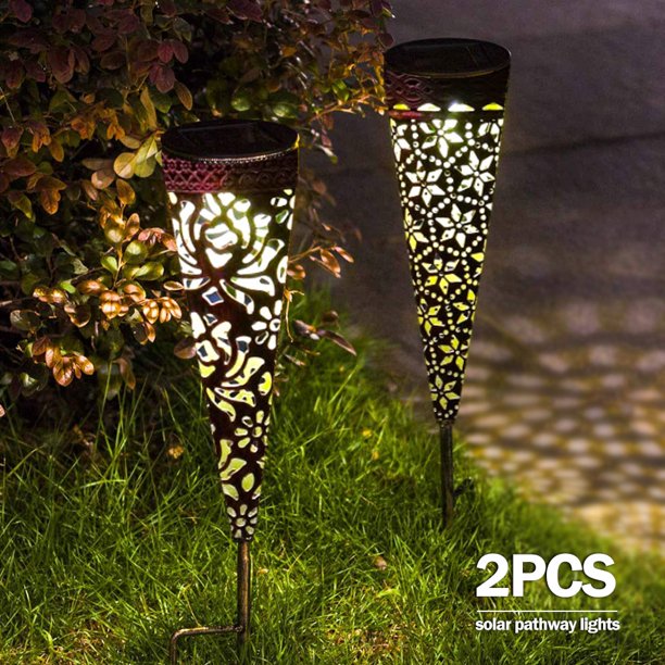 Luz Solar, Paquete De 2 Luces Solares De Metal Para Camino, Luz De Pico Para Césped, Al Aire Libre, Ip65, Lámpara De Noche Impermeable, Estrellas Blancas Cálidas Y Patrón De Rosas, Iluminación De Pais Muyoka Hogar