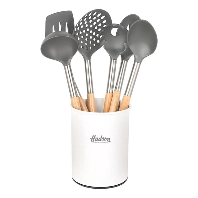 Set De 6 Utensilios Hudson De Nylon Con Mango Madera Gris