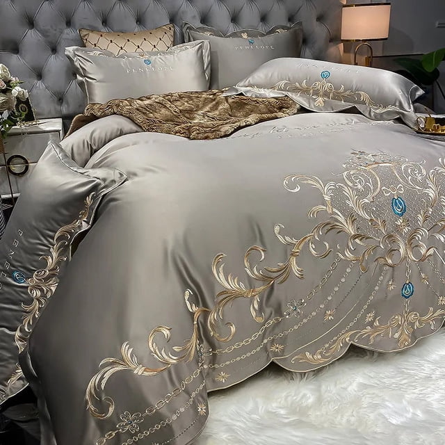 Juego de cama de estilo europeo de lujo de oro real bordado satén edredón doble