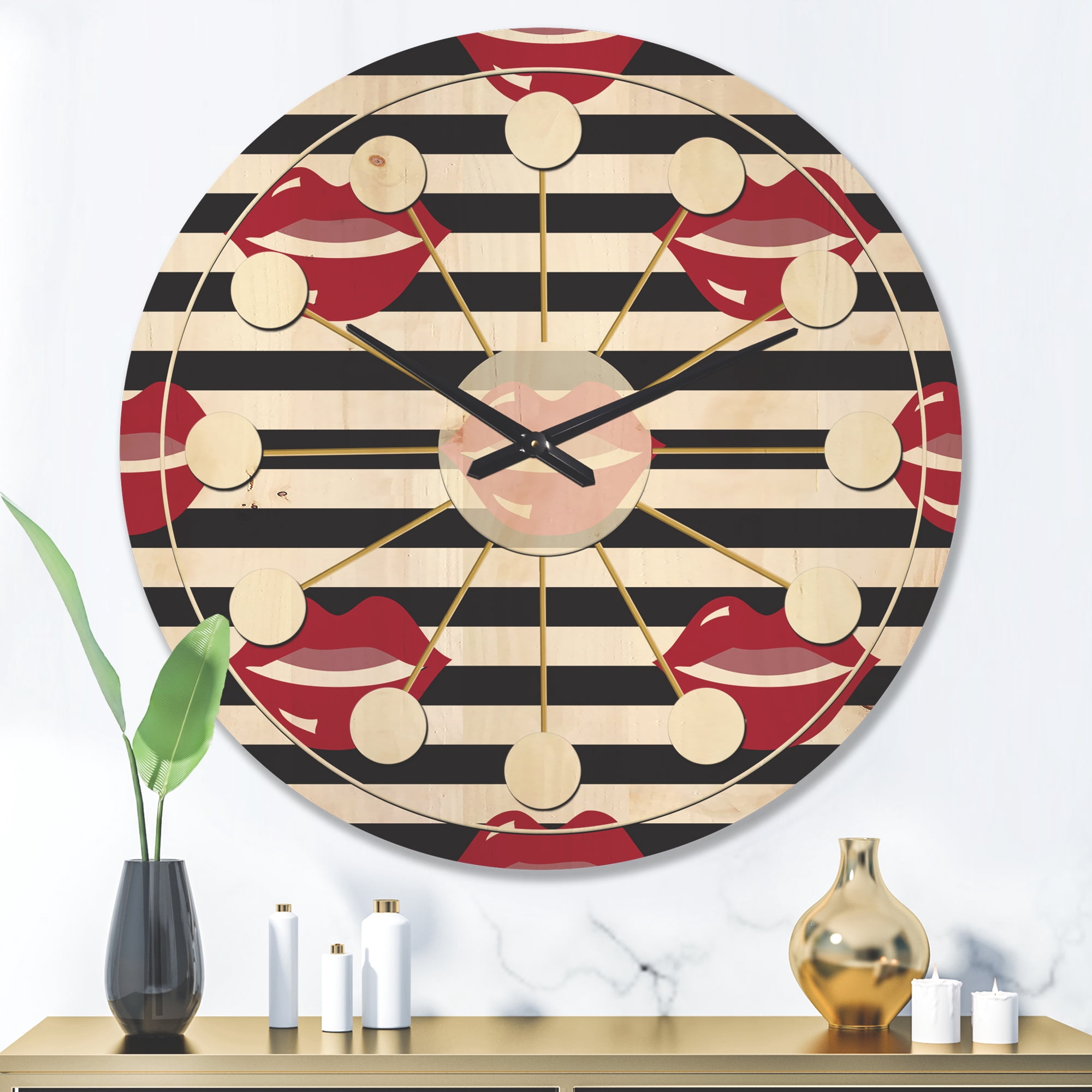 Designart 'Red Lips Fashion Horizantal Pattern' Mid-Century Modern Wood Wall Clock