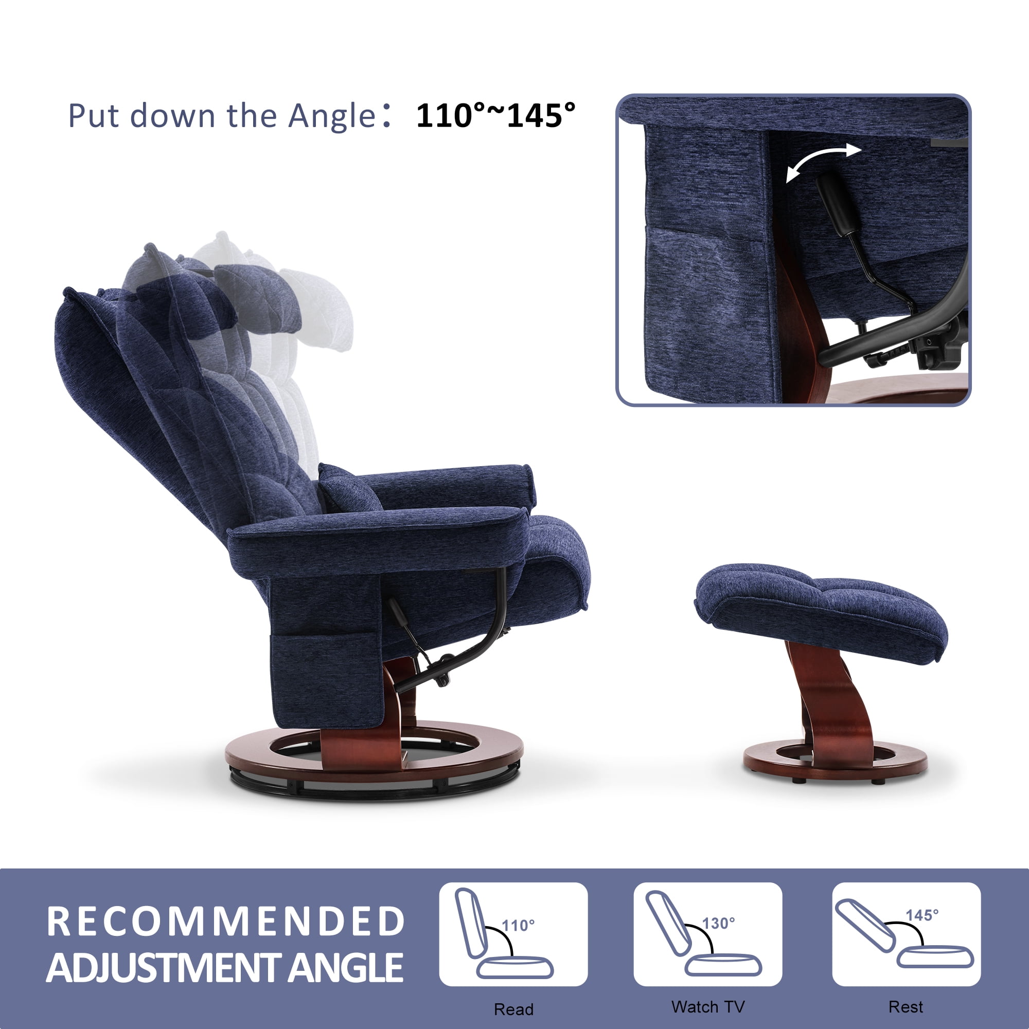 Mcombo Swivel Recliner with Ottoman, Massage TV Chairs with Neck Pillow and Side Pocket for Living Reading Room, Chenille Fabric 4188