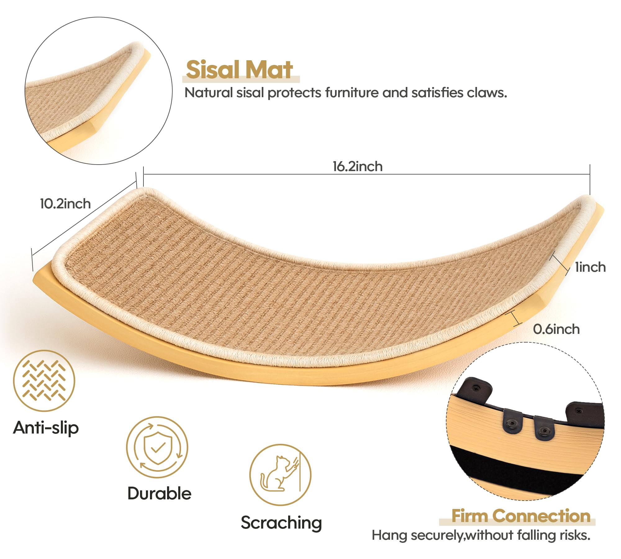 Curved Cat Wall Hammock With Scratchable Sisal Pad  Large Floating Shelf For Mounted Beige Bed Playing Climbing And Sleeping