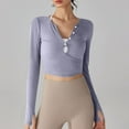 thumbnail image 2 of cfhntfmh Womens Fashion Tops Cutout Long Sleeve V Neck Buttons Wrap T-Shirts Slim Plain Workout Cropped Blouses, 2 of 6