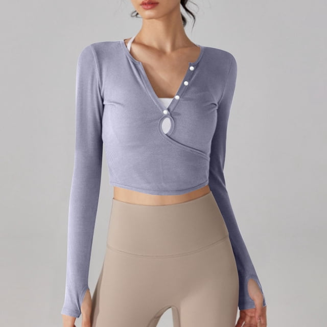 RXIRUCGD Haut à Col Rond pour Femmes, Couleur Unie, Décontracté, Sport, Protection Solaire, Manches Longues, Col en V, Violet, Taille : m