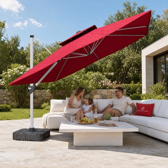 11FT Square Cantilever Patio Umbrella Outdoor Double Top Offset Hanging Umbrella with 360° Rotation Aluminum Pole Red (Base Not Included)