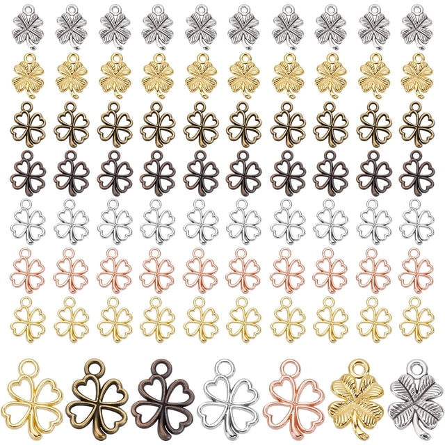 140 piezas de dijes de trébol, 7 estilos, colgantes de cuatro hojas, dijes de trébol de la suerte, dijes de trébol de aleación de metal, colgantes de hojas de corazón.