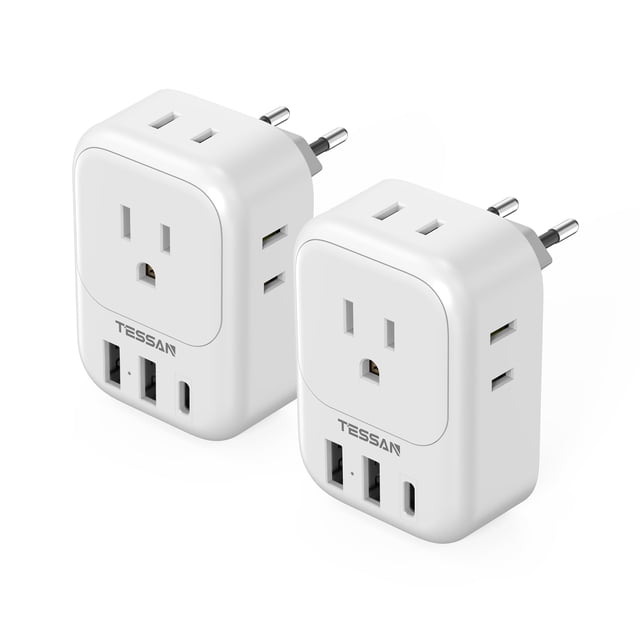 Adaptador de enchufe de viaje TESSAN de EE. UU. a Europa con 4 enchufes y 3 USB