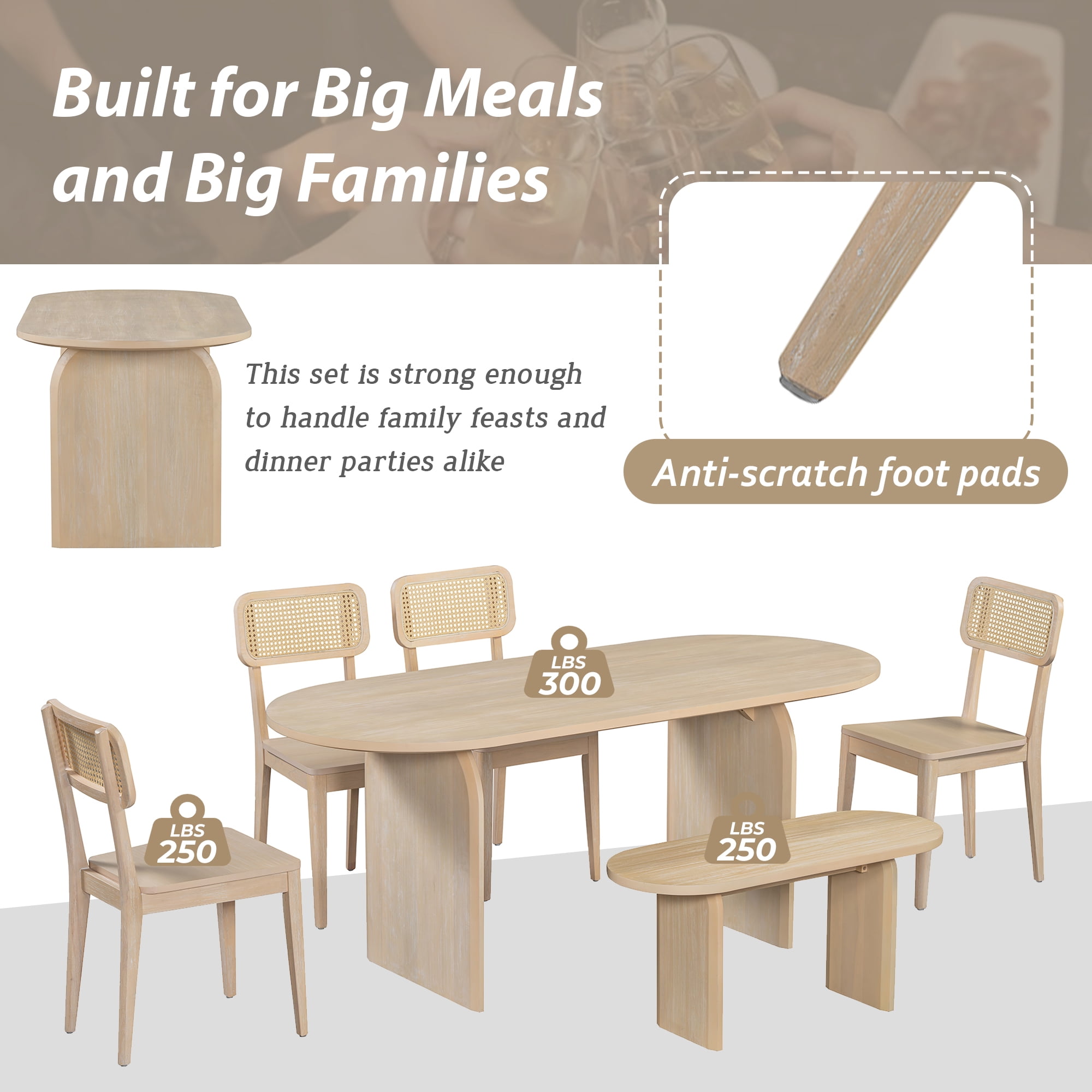 6 Piece Dining Table Set for 6, 71" Oval Dining Table with 4 Chairs and Bench