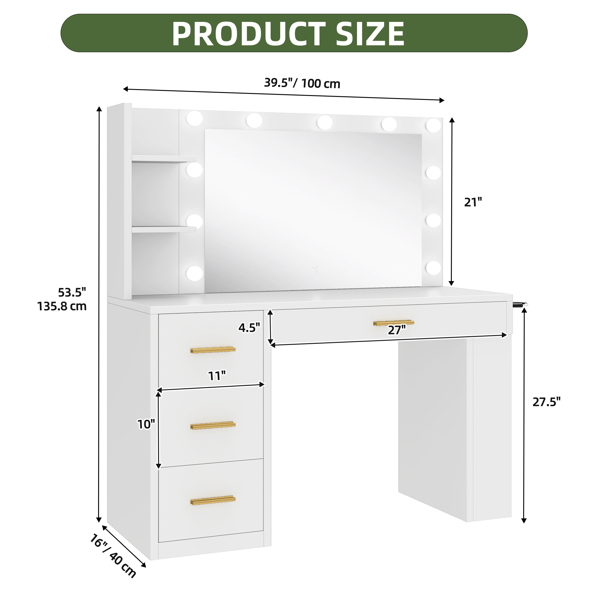 Uforic 39.5" White Farmhouse Vanity Desk with Dimmable LED Mirror, 4 Drawers, 6 Shelves, USB Charging – Dressing Table for Bedroom