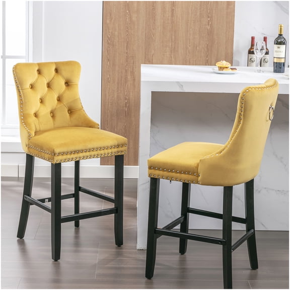 Set of 2 Gold Velvet Bar Stools with Tufted Back, High Back Kitchen Counter Stools with Wood Legs and Nailhead Detail