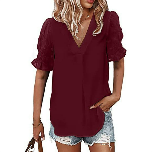 Sonducket Blusa de manga corta para mujer, camisa informal bordada, bonita, para oficina, playa, vacaciones, compras, disfraz, fiesta, verano, ropa Prendas para la parte del cuerpo rojo XL Sonducket AP009844-14