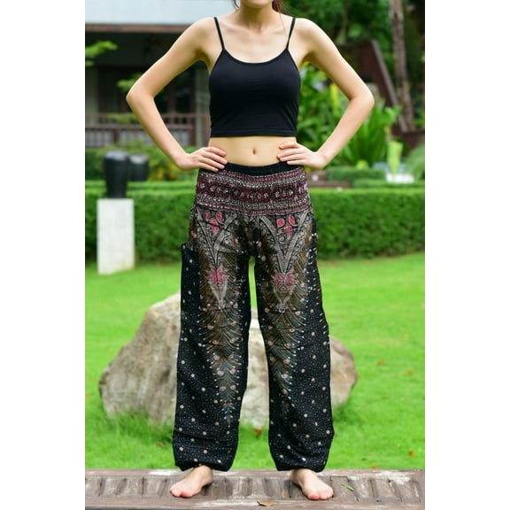 Bohotusk Kids Black & Gold Peacock Elasticated Smocked Waist Harem Pants (9 - 12 Years)