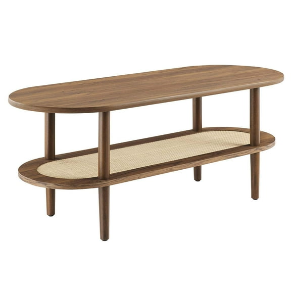 Mesa de café Modway Torus ovalada de madera de nogal con estante de ratán