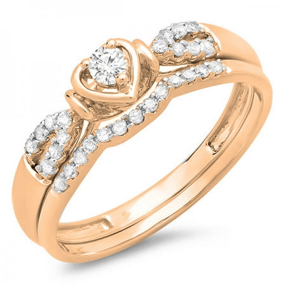 0.25 Carat (ctw) 10k Rose Gold Round Diamond Ladies Heart Shaped Bridal Engagement Ring Matching Band Set 1/4 CT