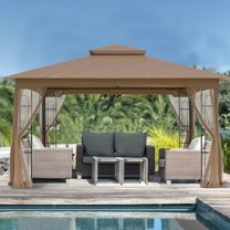 EAGLE PEAK 13 ft. W x 11 ft. D Double Roof Outdoor Patio Gazebo with Mosquito Net,Brown