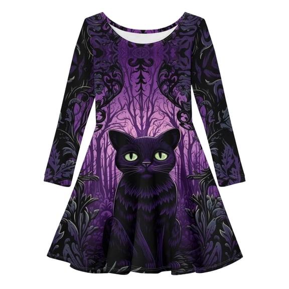 WOYY Halloween Girls Long Sleeve Dress Cat Graphic Midi A Line Dress, Black, Sizes 3-14