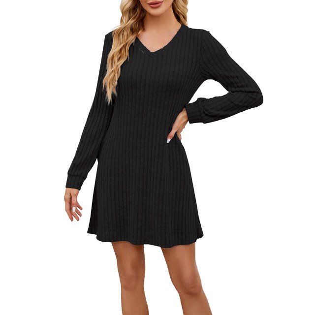 Robes d'Hiver Décontractées pour Femmes! Fadeal Nouvelle Robe Décontractée Unie à Col en V avec Poches Rayée Brossée à Manches Longues Robes d'Hiver pour Femmes Noir TG