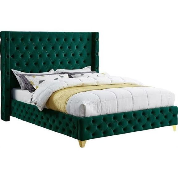 Maklaine Contemporary Upholstery Green Velvet Full Bed