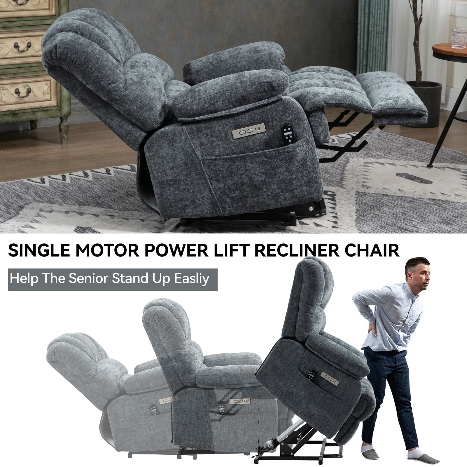 MAYEERTY Oversized Power Lift Recliner Chair, Chenille Electric Lift Chair with 8-Point Vibration Massage & Lumbar Heat, USB Port, for Living Room Elderly