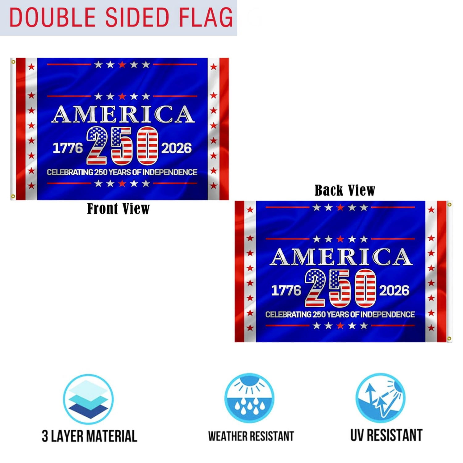 250 Anniversary USA Flag Double Sided 3-Ply 250 Year American Anniversary Flag Heavy Duty - UV Protection & Fade Resistant & 2 Brass Grommets - 250 Years of Freedom