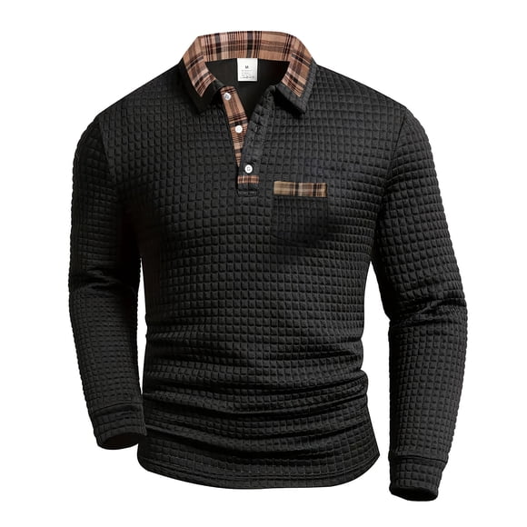 Ketyyh-chn99 Men's Golf Shirts Short Sleeve Polo Shirts Men's Long Sleeved Casual Solid Color Plaid Pocket Lapel Long Sleeved Shirt Size for 3XL,Black